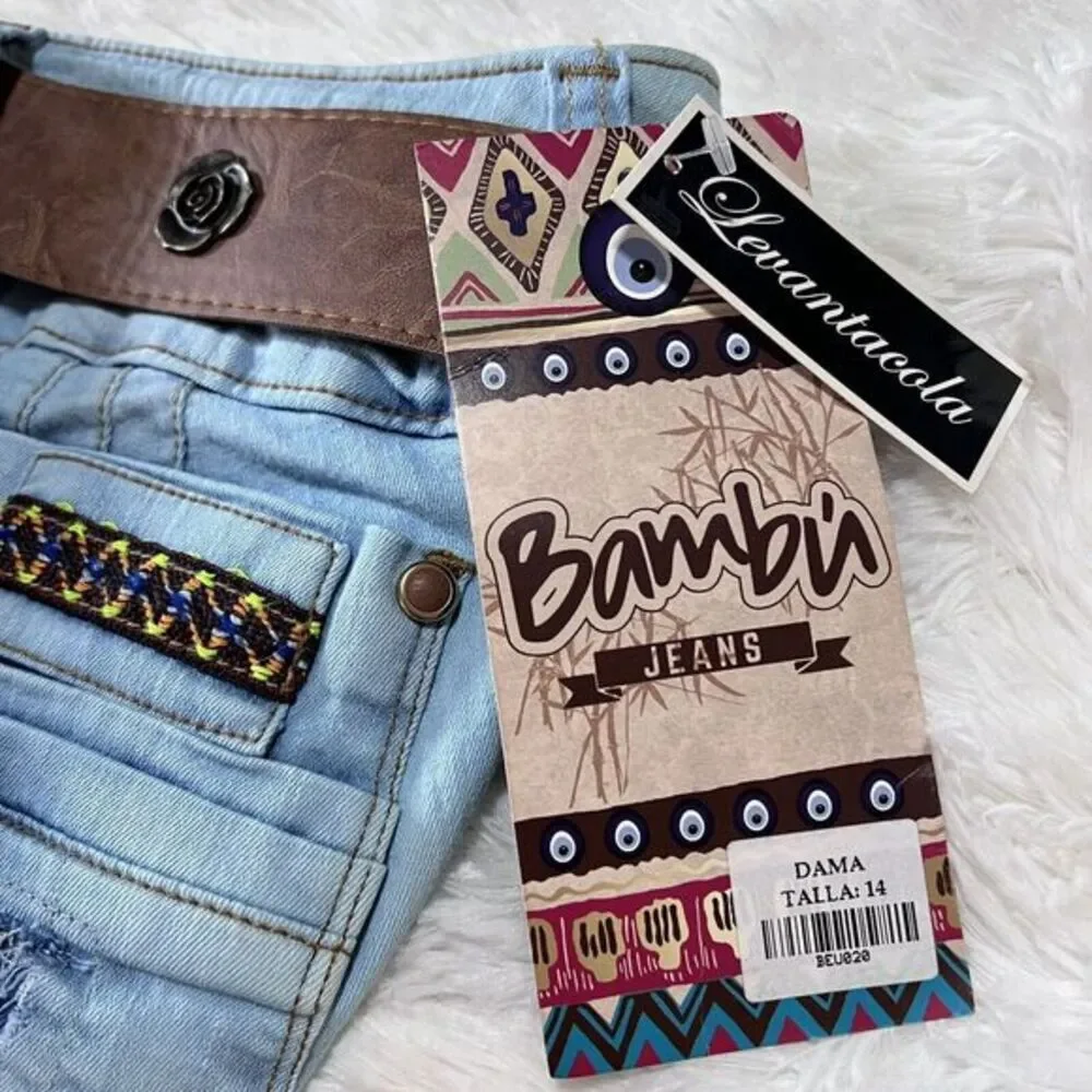 Bambu Women's Jeans‎ Stretch Skinny Destroyed Denim with Belt - 9 US 14 Colombia